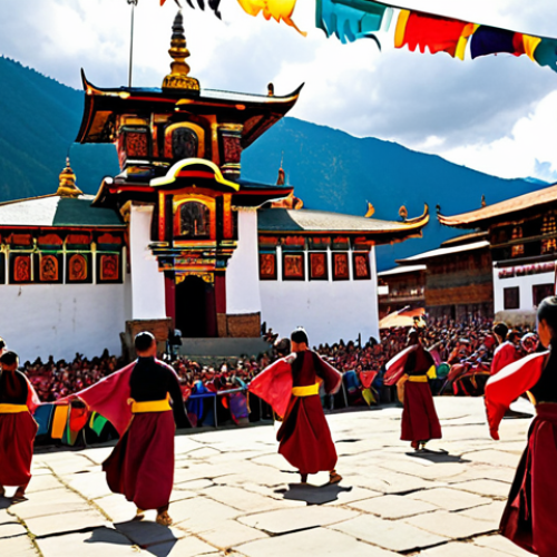 Home 20 **Image of a Bhutanese Festival (Tshechu)**: Create an illustration of a vibrant Bhutanese festival scene, showcasing traditional dancers in colorful costumes performing in front of a large crowd. Include prayer flags fluttering in the background and majestic Bhutanese architecture, such as a monastery, to capture the festive atmosphere.