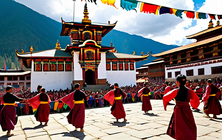 **Image of a Bhutanese Festival (Tshechu)**: Create an illustration of a vibrant Bhutanese festival scene, showcasing traditional dancers in colorful costumes performing in front of a large crowd. Include prayer flags fluttering in the background and majestic Bhutanese architecture, such as a monastery, to capture the festive atmosphere.
