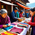 A bustling Thimphu weekend market scene, showcasing colorful textiles and local crafts. People are bargaining with friendly smiles. Focus on vibrant colors and a lively atmosphere.