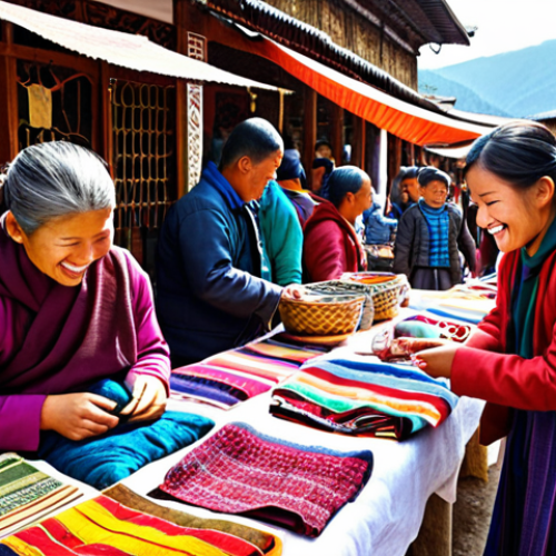 Home 19 A bustling Thimphu weekend market scene, showcasing colorful textiles and local crafts. People are bargaining with friendly smiles. Focus on vibrant colors and a lively atmosphere.