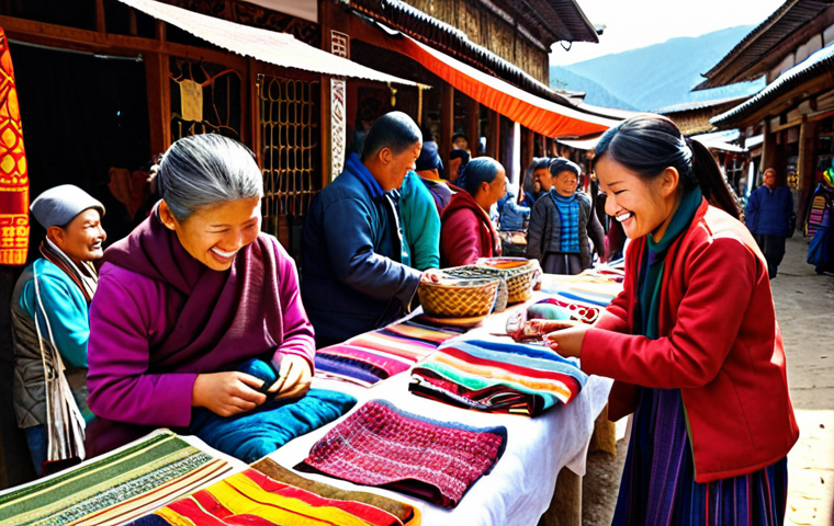 A bustling Thimphu weekend market scene, showcasing colorful textiles and local crafts. People are bargaining with friendly smiles. Focus on vibrant colors and a lively atmosphere.