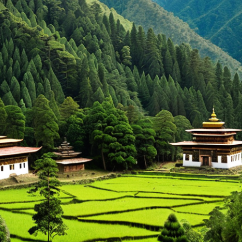 Home 18 **Bhutanese Forest Landscape:** Lush green forests covering rolling hills in Bhutan, showcasing sustainable forestry practices. Include traditional Bhutanese architecture nestled among the trees, with local people respectfully interacting with the forest. Focus on the rich biodiversity and the spiritual connection the Bhutanese have with nature, highlighting the country's commitment to environmental preservation.