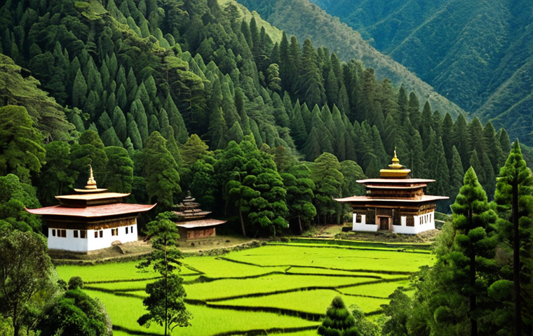 **Bhutanese Forest Landscape:** Lush green forests covering rolling hills in Bhutan, showcasing sustainable forestry practices. Include traditional Bhutanese architecture nestled among the trees, with local people respectfully interacting with the forest. Focus on the rich biodiversity and the spiritual connection the Bhutanese have with nature, highlighting the country's commitment to environmental preservation.