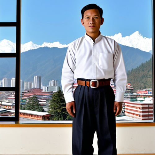Home 9 A professional Bhutanese man, fully clothed in a traditional knee-length Gho, cinched with a Kera belt and featuring long white Lapchu cuffs. He stands confidently in a dignified pose within a bright, modern government office building. The background shows large windows with a view of Thimphu city. Perfect anatomy, correct proportions, natural pose, well-formed hands, proper finger count, natural body proportions, professional photography, high resolution, safe for work, appropriate content, modest clothing, family-friendly.