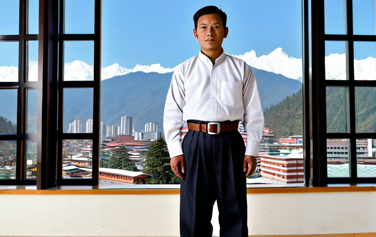 A professional Bhutanese man, fully clothed in a traditional knee-length Gho, cinched with a Kera belt and featuring long white Lapchu cuffs. He stands confidently in a dignified pose within a bright, modern government office building. The background shows large windows with a view of Thimphu city. Perfect anatomy, correct proportions, natural pose, well-formed hands, proper finger count, natural body proportions, professional photography, high resolution, safe for work, appropriate content, modest clothing, family-friendly.