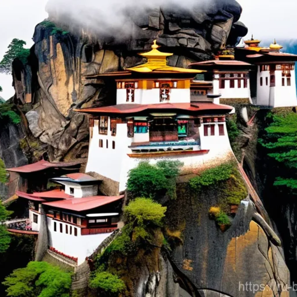 부탄의 역사적 사건 - A majestic and serene depiction of Paro Taktsang (Tiger's Nest Monastery) clinging precariously to a...