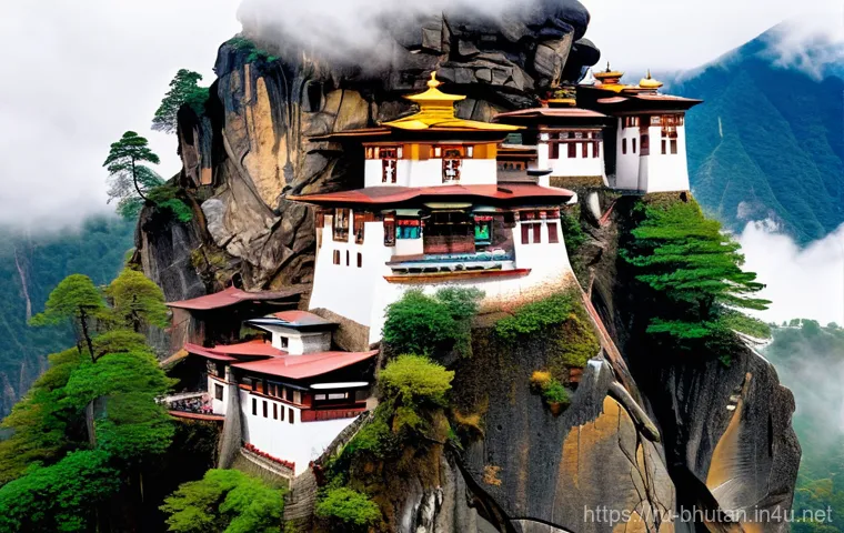 부탄의 역사적 사건 - A majestic and serene depiction of Paro Taktsang (Tiger's Nest Monastery) clinging precariously to a...