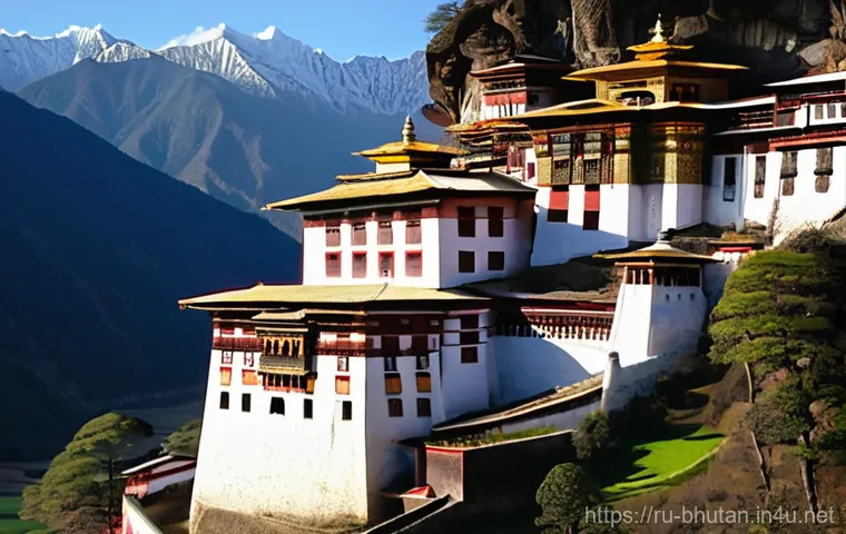 부탄의 역사적 사건 - A majestic and serene depiction of Paro Taktsang (Tiger's Nest Monastery) clinging precariously to a...
