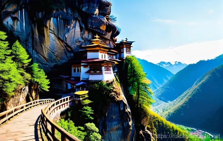 부탄 히말라야 트레킹 - **Prompt:** A majestic, panoramic view of the Tiger's Nest Monastery (Paro Taktsang) clinging to a c...