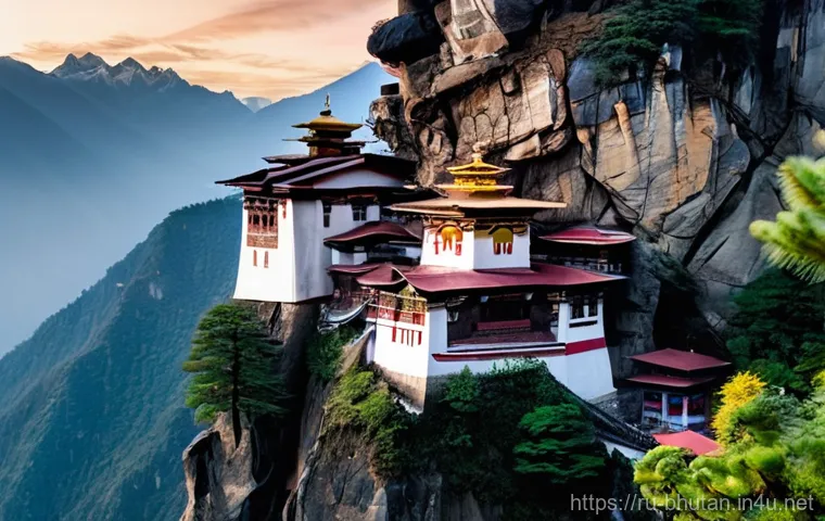부탄 산악 지형의 특징 - **A Serene Himalayan Monastery at Dawn:**
A majestic Bhutanese monastery, inspired by Paro Takts...