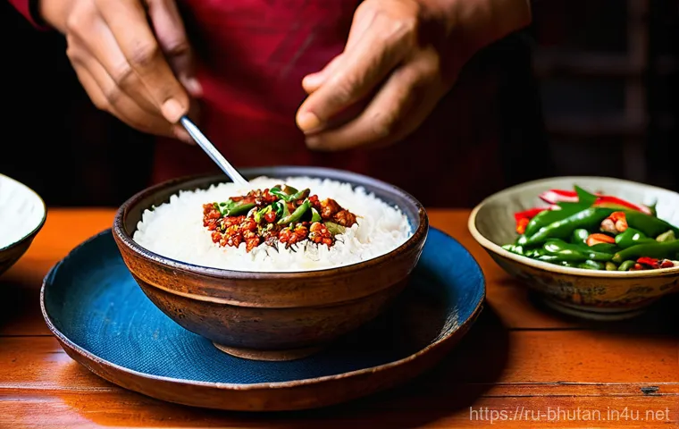 부탄 전통 요리 - Prompt 1: "Fiery Heart of Bhutan: Ema Datshi and Red Rice Feast"**