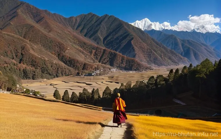 부탄의 사계절 풍경 - **Vibrant Spring Bloom in Bhutan:**
    An enchanting, panoramic view of a Bhutanese valley in sprin...