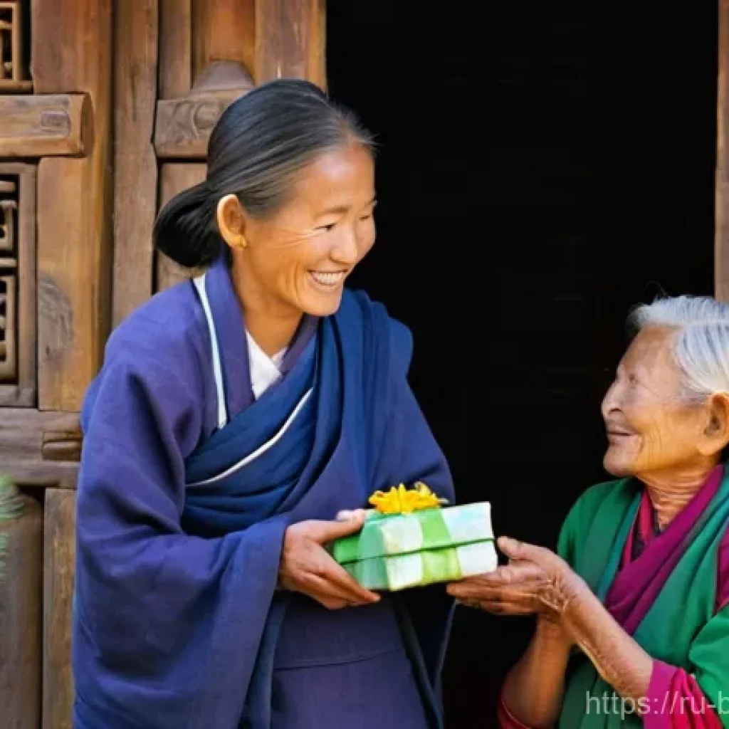 부탄 국민과 여행객의 상호 작용 - **Prompt 1: Warm Bhutanese Hospitality**
    "A candid, heartwarming scene showing a friendly intera...