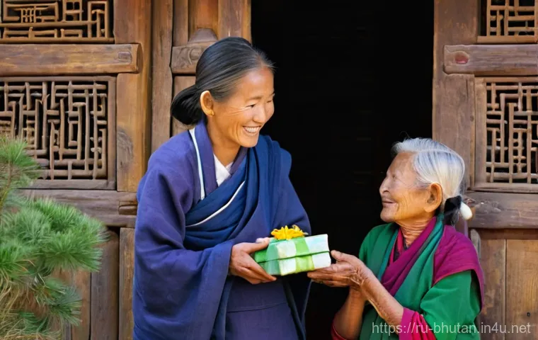 부탄 국민과 여행객의 상호 작용 - **Prompt 1: Warm Bhutanese Hospitality**
"A candid, heartwarming scene showing a friendly intera...