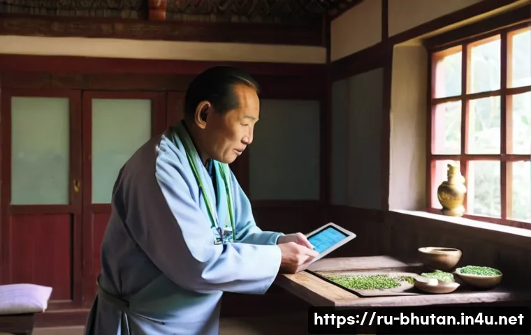 부탄의 건강 관리 시스템 - A serene and harmonious scene inside a Bhutanese healthcare facility. In the foreground, a wise-look...