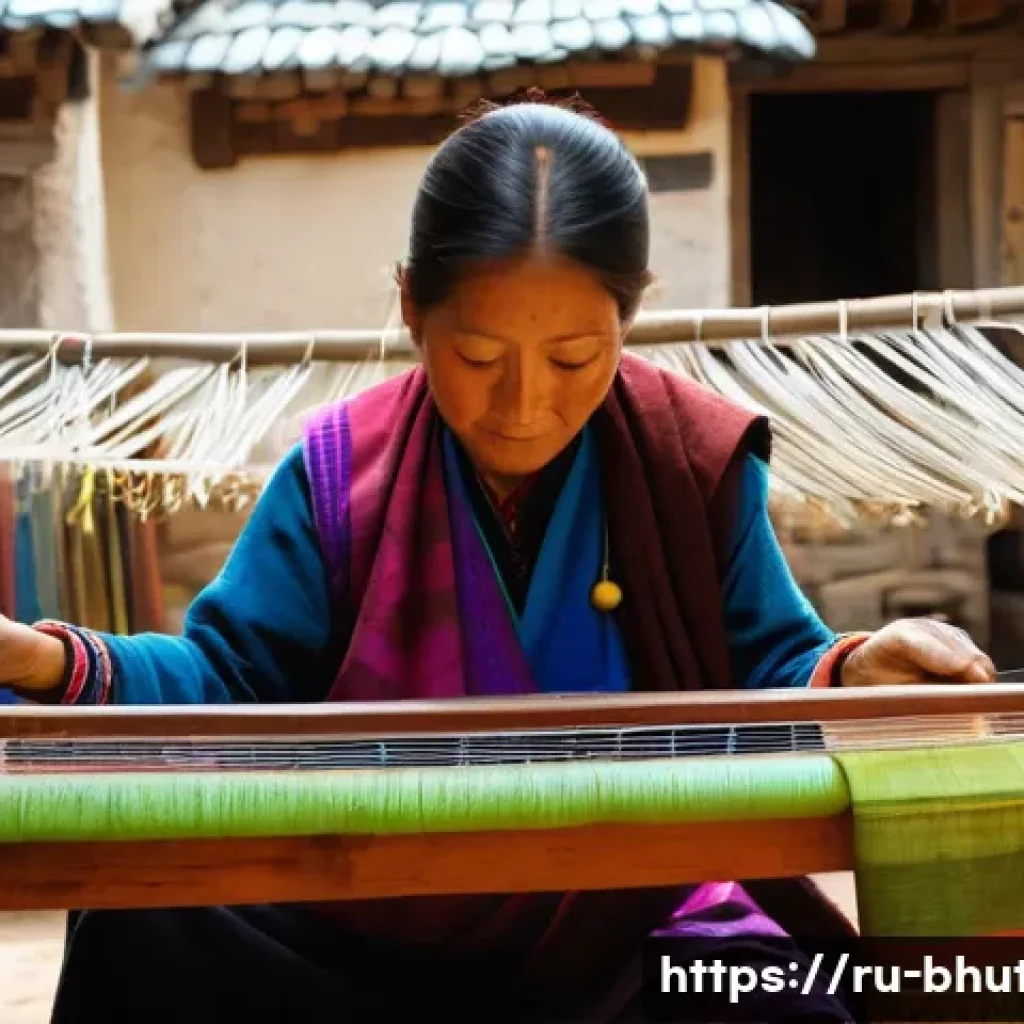 부탄의 전통 시장 탐방 - A Bhutanese artisan weaving traditional textiles on a wooden loom, surrounded by vibrant silk and ya...