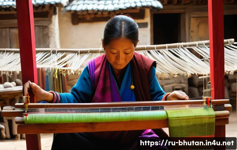 부탄의 전통 시장 탐방 - A Bhutanese artisan weaving traditional textiles on a wooden loom, surrounded by vibrant silk and ya...