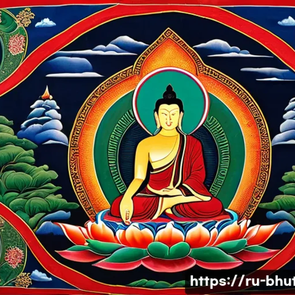 부탄 전통 공예품 - A detailed traditional Bhutanese thangka painting on fabric, showcasing vibrant natural pigments in ...