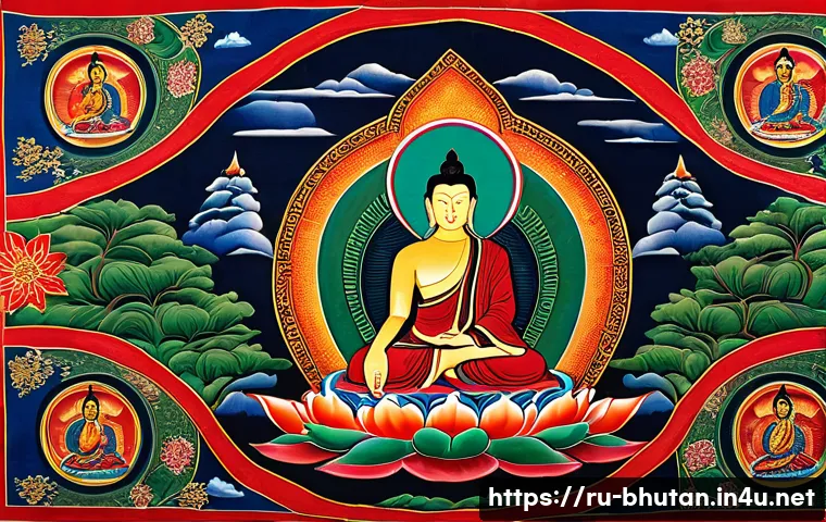 부탄 전통 공예품 - A detailed traditional Bhutanese thangka painting on fabric, showcasing vibrant natural pigments in ...