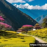 Home 22 부탄에서 힐링 여행 계획 - A serene Bhutanese mountain landscape in spring, featuring vibrant rhododendron blossoms and lush gr...