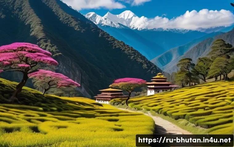 부탄에서 힐링 여행 계획 - A serene Bhutanese mountain landscape in spring, featuring vibrant rhododendron blossoms and lush gr...