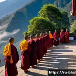 Home 21 부탄 드룩파 불교 역사 - A serene Bhutanese monastery nestled in the lush Himalayan mountains during early morning mist, show...