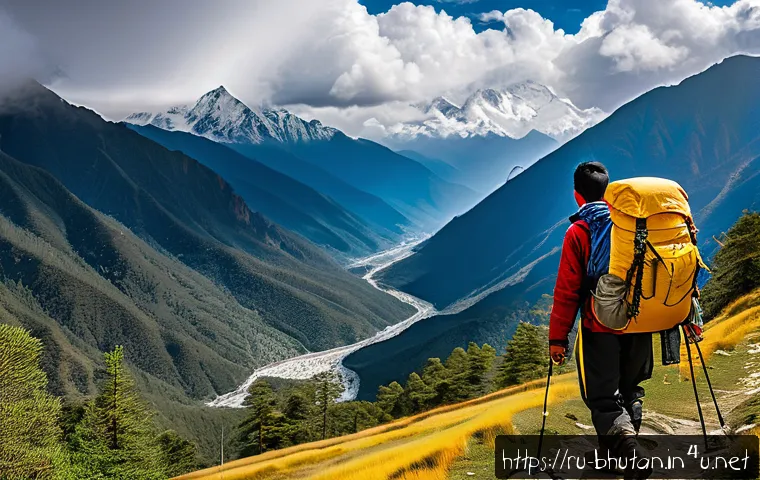 부탄에서의 여행 보험 필요성 - A scenic mountain trekking scene in Bhutan featuring a cautious traveler wearing functional hiking g...