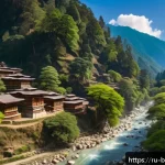 Home 18 부탄 국민의 삶과 철학 - A serene Bhutanese forest scene with traditional wooden houses built from natural materials, surroun...