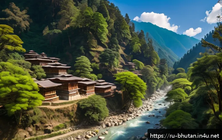 부탄 국민의 삶과 철학 - A serene Bhutanese forest scene with traditional wooden houses built from natural materials, surroun...