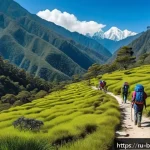 Home 23 부탄 생태 관광 - A serene Bhutanese mountain trail winding through lush green forests under a clear blue sky, with a ...