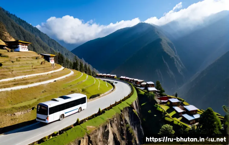 부탄 교통 시스템 - Photorealistic wide-angle view of Bhutan’s mountain road transport system, a clean white public bus ...